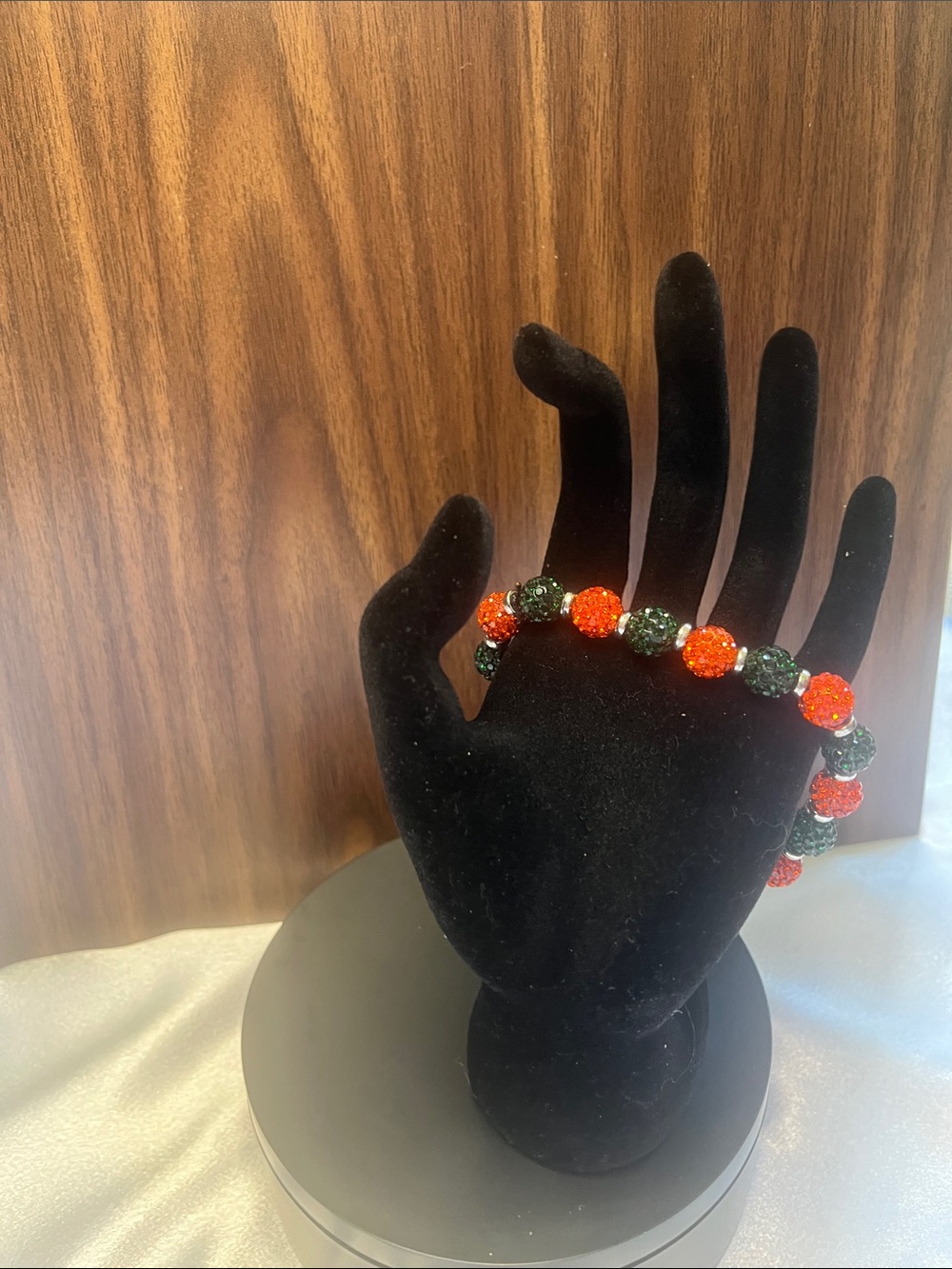 Orange and Dark Green Rhinestone Beaded Bracelet
